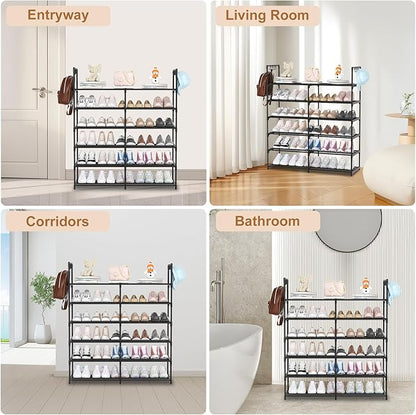 2-Row 6-Tier Stackable Shoe Rack, Black Metal Shoe Shelf with Multifunctional Hooks, Hold 24-30 Pairs, Space Saving Shoes Organizer for Closet,Show Rack