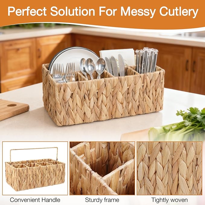 Wicker Silverware Organizer Basket,Hand Woven Kitchen Utensil Holder with Handles,Flatware Storage Caddy for Countertop Dining Picnic Party Table,Natural Cutlery Caddy for Plates,Napkins&Utensils