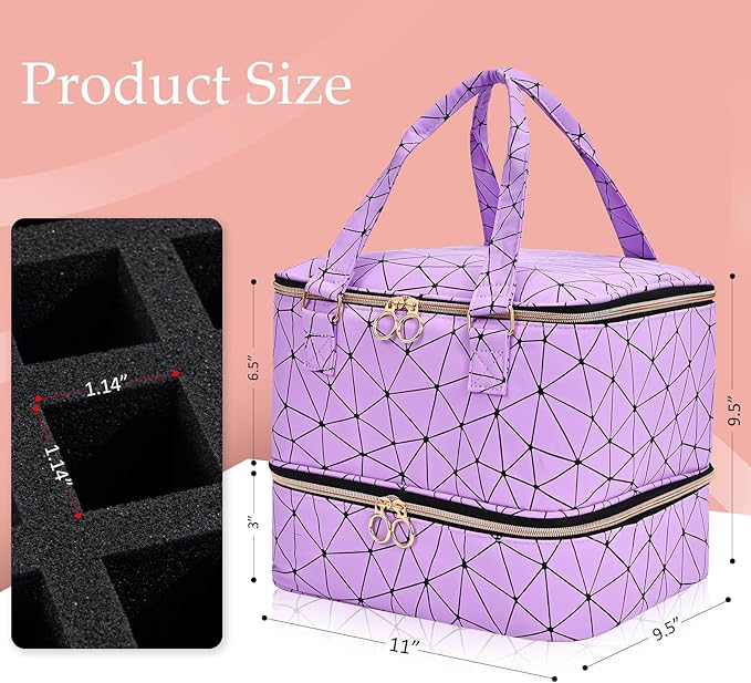 Uross Nail Polish Organizer Bag Holds 42 Bottles Nail Polish & Nail Lamp, Gel Nail Polish Organizers and Storage box for Nail Tech, Nail Kit Supplies Organizer Case - Purple