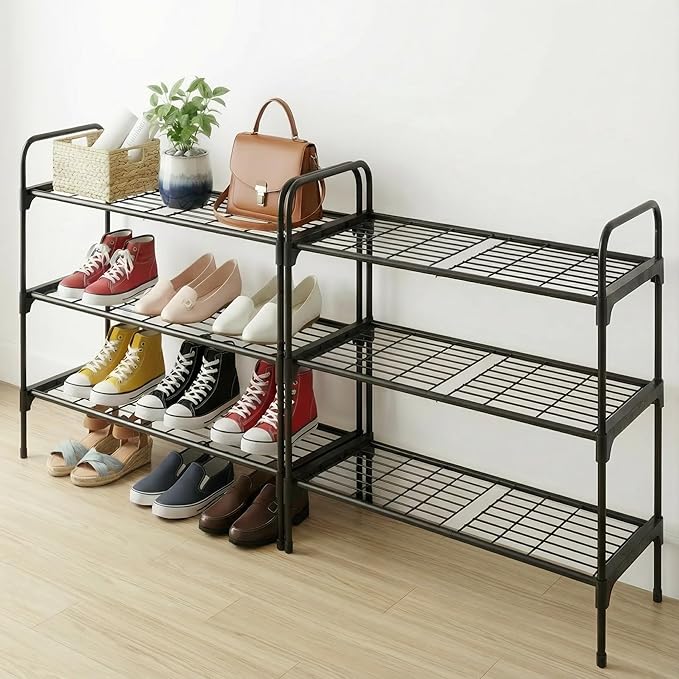 3-Tler Shoe Rack Organlzer, Rustproof lron, Spaclous Shoe Storage Shelf for Closet or Entryway, Fits Sneakers & Slippers, Black