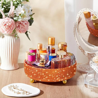 Honeydak Orange Bling Perfume Makeup Organizer Bling Mother's Day Nurses Day Gifts for Women Bathroom Organizers and Storage 360 Rotating Makeup Organizer for Countertop(Resin Stone)