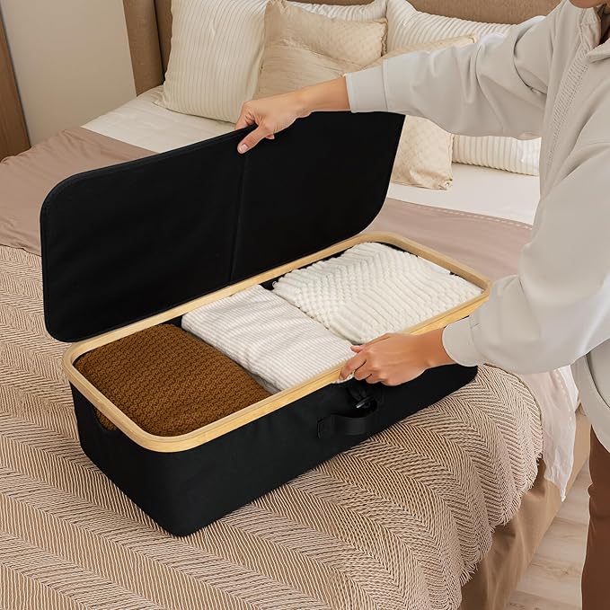 StorageWorks Underbed Storage Containers with Lids, 2-Pack 7" Low Profile Under Bed Storage Box with Bamboo Frame for Clothes, Bedding, Blankets and Shoes, 42L Sturdy Fabric Organizer, Black