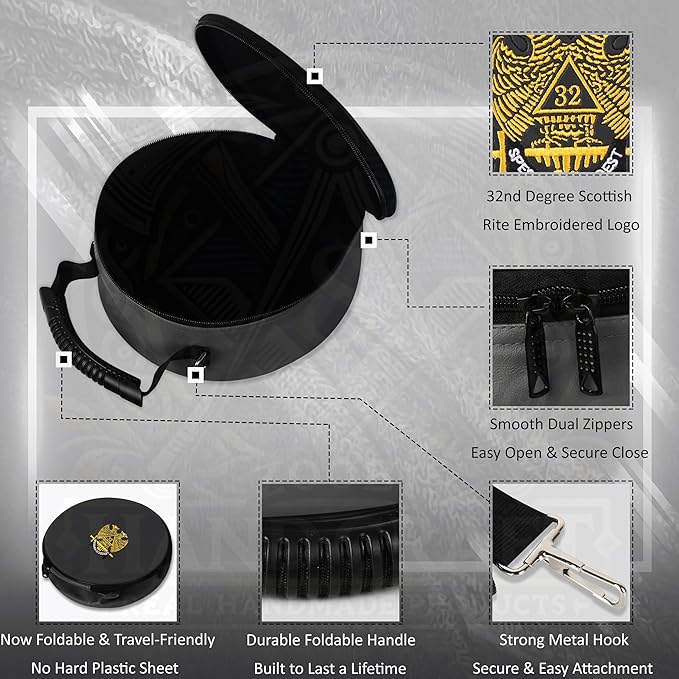 Masonic Scottish Rite 32nd Degree Double Eagle Crown Cap Case – Foldable Design Black Freemason Hat Carrying Box with Shoulder Strap