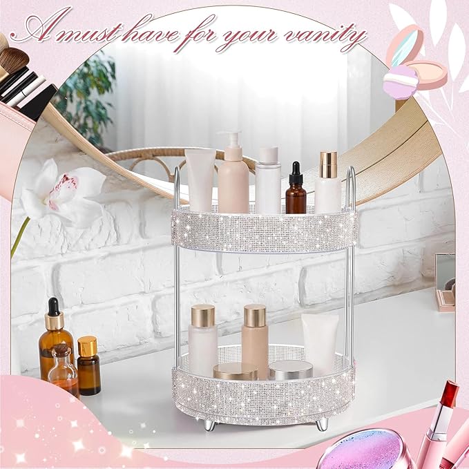 Honeydak 360 Rotating Perfume Organizer for Mother Day Nurse Day Rhinestone Bathroom Counter Organizer Makeup Holder Skincare and Perfume Storage for Cosmetic Countertop(2 Tiers,Resin Stone,White)