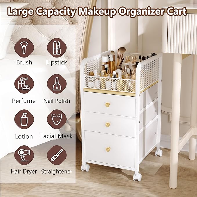 Makeup Organizer Storage Cart with Drawers, Makeup Organizer on Wheels, Rolling Makeup Bathroom Storage Cart, Cosmetic Vanity Display Cases Holder for Nail Polish Brush Hair Tool