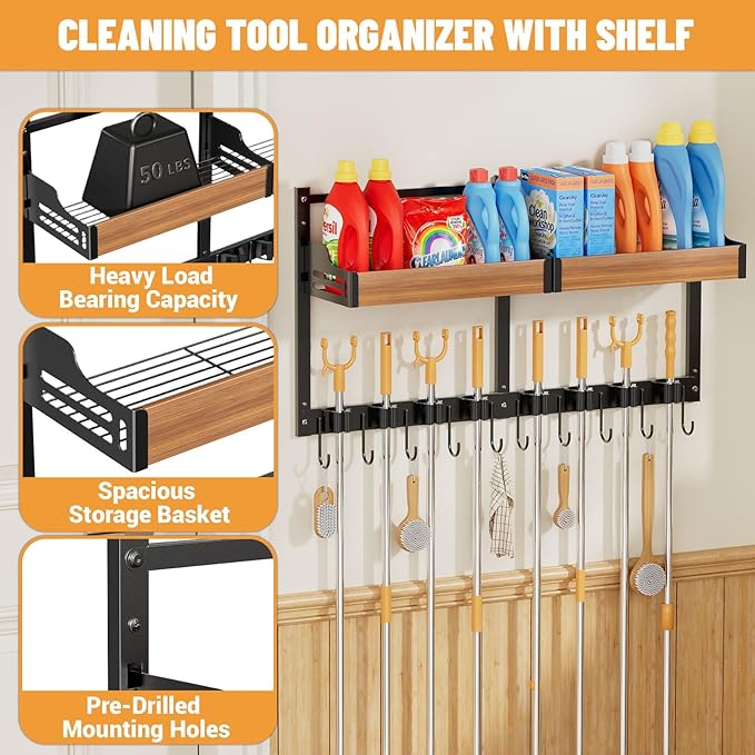 Broom and Mop Organizer Wall Hanging, Broom Holder Wall Mount with Cleaning Supplies Organizer, Broom Hanger Wall Mount with Storage Shelf and Hooks for Laundry Room Garage Kitchen (2 pcs)