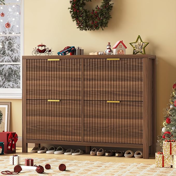YOMILUVE Shoe Cabinet Storage for Entryway, Fluted Shoe Cabinet with 4 Flip Drawers, Hidden Shoe Rack Freestanding Wooden Shoe Organizer with Legs for Hallway, Walnut