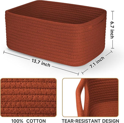 3-Pack Storage Baskets for Organizing | Woven Shelf Toy Basket | Rope Baskets for Gifts Empty | Closet Organizer Bins with Handles | Cube Decorative Box | 13.7×7.1×6.7” | Brick Red