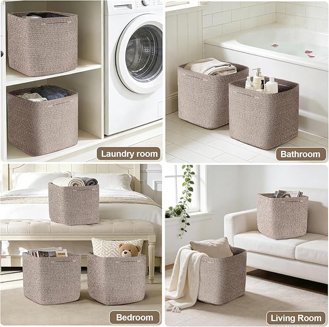 Cube Storage Bins 11 Inch Shelf Cotton Rope Baskets for Organizing, Woven Storage Basket - For Magazines, Living Room, Closet, Brown 3 Pack