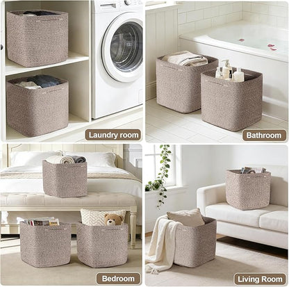Cube Storage Bins 11 Inch Shelf Cotton Rope Baskets for Organizing, Woven Storage Basket - For Magazines, Living Room, Closet, Brown 1 Pack