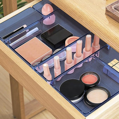 StorMiracle 13 PCS Drawer Organizer Set, 5 Varied Size Bathroom and kitchen Drawer cabinet organizer Trays, Clear Storage Bins for Makeup, Jewelry, Utensils and Gadgets, Dark Blue