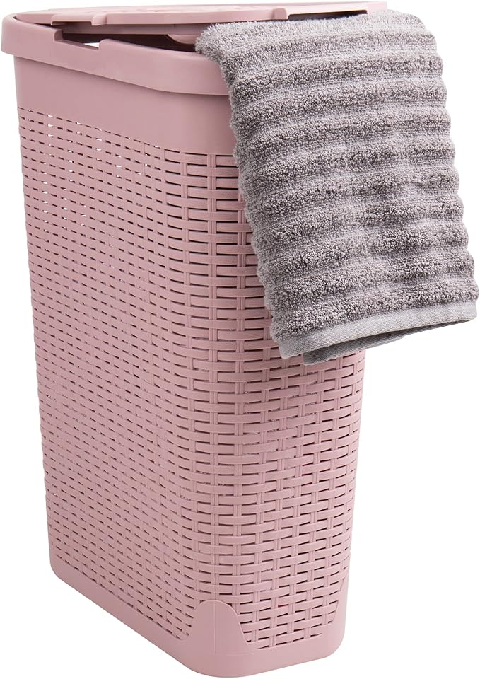Mind Reader Slim Laundry Hamper with Lid, 40L Clothes Basket, Narrow Tapered Design with Ventilated Cutout Pattern, Plastic, Pink