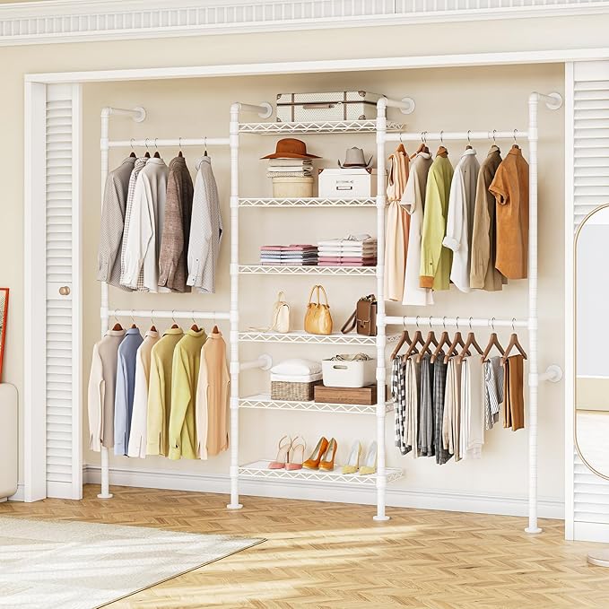 ONBRILL H3 Expandable Wall Mounted Closet System, 5.4FT-8.1FT Closet Organizer with 4 Telescopic Rods & 6 Wire Shelves, Industrial Pipe Clothing Rack for Walk-in & Reach-in Closet (White)