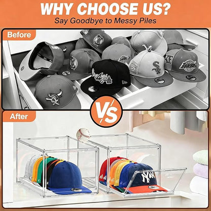 Hat Organizer for Baseball Caps, Clear Stackable Hat Storage Box with Magnetic Door & Sliding Drawer, Large Capacity, Dustproof Display Case for Closet 13