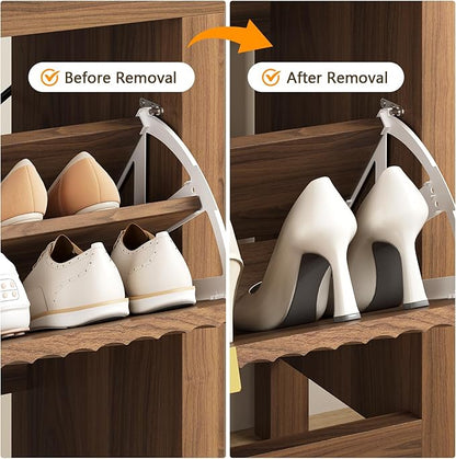 YOMILUVE Shoe Cabinet Storage for Entryway, Fluted Shoe Cabinet with 2 Flip Drawers, Hidden Shoe Rack Tall Freestanding Shoe Organizer with Legs for Hallway, Walnut