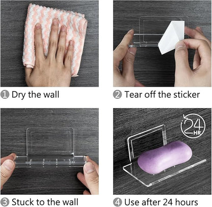 Self Adhesive Soap Dish Wall Mounted, 4 Slot Acrylic Soap Saver, Sponge Soap Holder for Shower Wall, Bathroom, Kitchen (Clear)