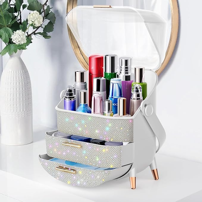Makeup Organizer For Teen Girl Birthday Gifts, Cosmetic Display Cases with Transparent Cover, Skincare Organizers for Vanity, Perfume Organizer, Lotions Display Case, Lipstick Organizer (Rhinestone)