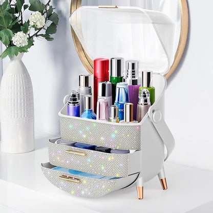 Makeup Organizer For Teen Girl Birthday Gifts, Cosmetic Display Cases with Transparent Cover, Skincare Organizers for Vanity, Perfume Organizer, Lotions Display Case, Lipstick Organizer (Rhinestone)