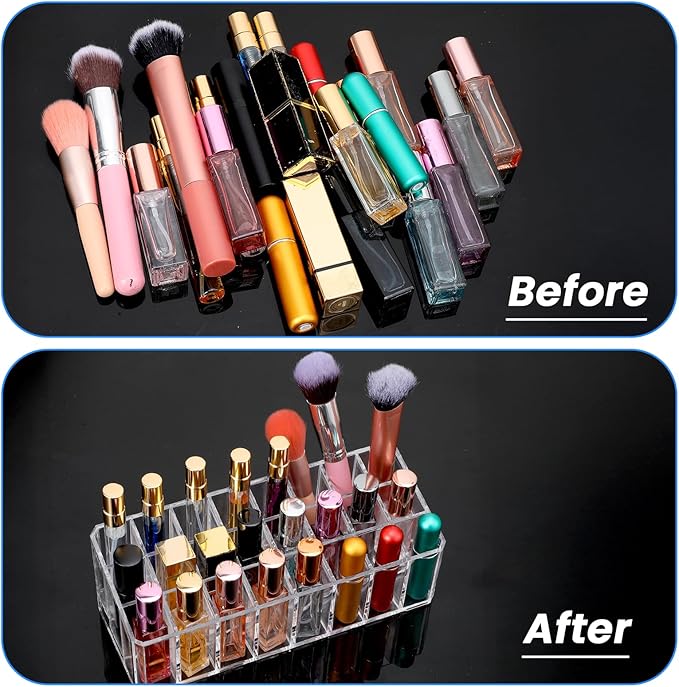 2 Pcs Rollerball Perfume Organizer, 24 Spaces Acrylic Perfume Storage Holder, Clear Beauty Scent Holder, Makeup Display Case Organizer for Lipstick Lip Glosses Brushes Perfumes Sample Mascara