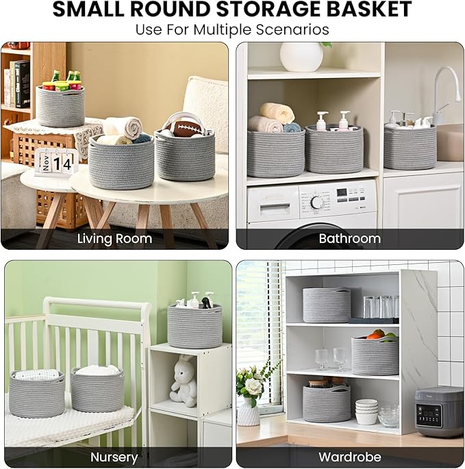 ICERZCZ Small Storage Baskets for Organizing, Organizer Baskets for Shelves, Small Woven Basket for Storage, Cute Basket for Gifts Empty, Soft Cotton Rope Baskets, 9.7"×9.7"×7" (3 Packs) Grey