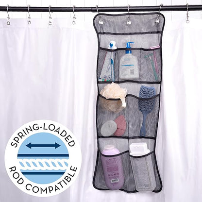 S&T INC. Shower Organizer, Shower Caddy or Bathroom Organizer with Quick Drying Mesh, 7 Pockets to Hold Shampoo, Soap, Loofah, and Cruise Ship Essentials, 14 Inch by 30 Inch, Black, 2 Pack
