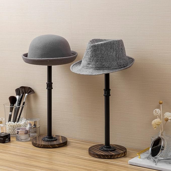 MyGift 2 Pcs Hat Organizer for Baseball Caps, Cowboy Hat Rack Stand for Helmet with Adjustable Height, Tabletop Wig or Jewelry Display Riser, Rustic Burnt Wood with Industrial Metal Pipe