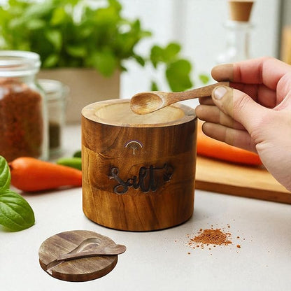 Handcrafted Wooden Salt Box with Lid & Spoon – Rustic Salt Cellar Storage Keeper for Kitchen