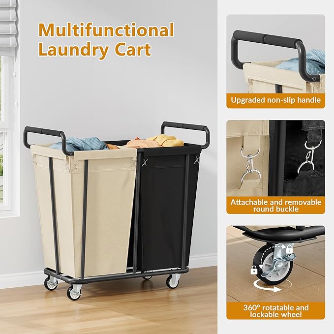 Gewudraw Large Laundry Hamper with Wheels, 2 Bag 360L Big Rolling Laundry Basket Sorter Cart, Extra Large Clothes Hamper, Heavy Duty Laundry Basket Organizer for Laundry Room, Bathroom