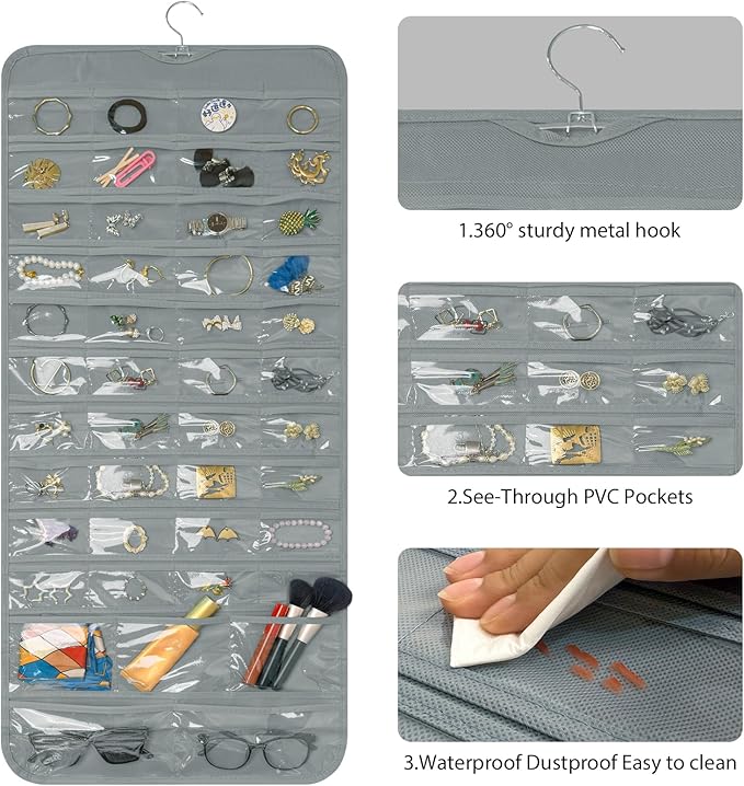 Bloss Hanging Jewelry Organizer With 90 Pockets,Earring Holder Organizer Storage For Valentine's Day Gift,Double-Sided Jewelry Holder for Earrings, Necklaces, Rings on Closet,Wall,Door(Grey)