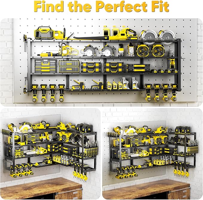 POKIPO Extra Large 64" W Power Tool Organizer Wall Mount, 1000 lbs Load Capacity, Heavy Duty 4 Tier Garage Storage Rack with 8 Drill Holders, 2 in 1 Corner or Straight Installation