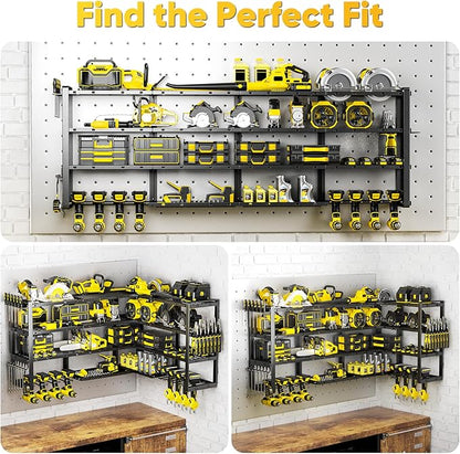 POKIPO Extra Large 64" W Power Tool Organizer Wall Mount, 1000 lbs Load Capacity, Heavy Duty 4 Tier Garage Storage Rack with 8 Drill Holders, 2 in 1 Corner or Straight Installation