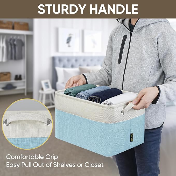 BALEINE 3 Pack Fabric Closet Storage Bins for Shelves, Linen Closet Organizers and Storage, Decorative Baskets for Organizing, Shelf, Clothes, Home, Office (Skyblue, 15''x11''x9.5'')