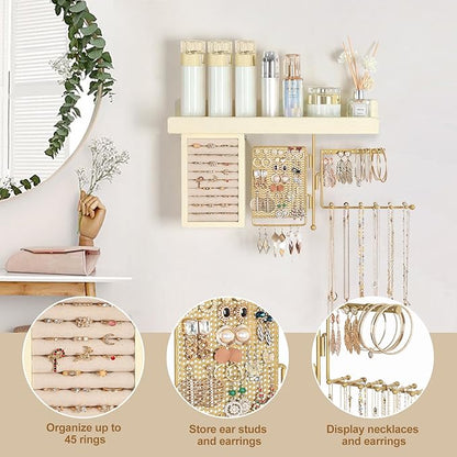 SOLIMINTR Hanging Jewelry Organizer Wall Mount with Rustic Wood Shelf, Ring Display Box, Ear Studs Earring Holder, Rotating Necklace Holder Organizer Gold