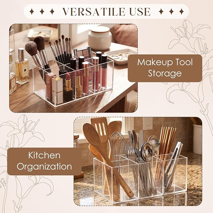 Zhehao 2 Pack Clear Acrylic Makeup Brush Holder Organizer, 6-slot Cosmetic Storage Organizer Pencil Holder for Vanity, Countertop & Desk, Transparent Makeup Brush Stand for Brushes, Lipsticks & Pens