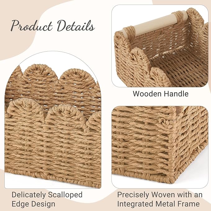 Dahey 2 Pcs Toilet Paper Storage Basket for Bathroom Woven Paper Rope Scalloped Edge Toilet Tank Basket with Handles for Organizing Over Toilet Storage Shelf Countertop Living Room Bedroom Home Decor