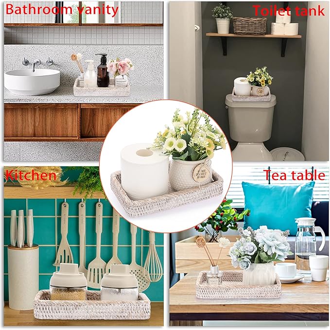 Sumnacon 10 Inch Rattan Bathroom Vanity Tray - Decorative Wicker Toilet Tank Tray for Paper Hand Towel, Vintage Storage Basket Bin for Bathroom Kitchen Toilet Tank Vanity Countertop Table Shelf White