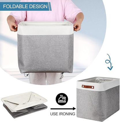 Uiifan 10 Pcs Collapsible Storage Bins Fabric Foldable Storage Basket with Handles Cloth Organizer Linen Shelf Baskets for Shelves Home Closet Nursery Toys(17 x 15 x 12 Inch,Gray and White)