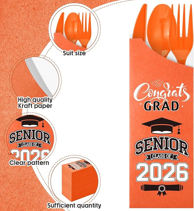 Funnymoom 400 Pcs 2026 Graduation Wrapped Silverware Bags Holder - Disposable Dinnerware Set Includes Plastic Spoons Knives and Forks, Class of 2026 Parties School Congrats Supplies(Orange)