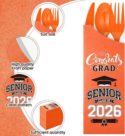Funnymoom 400 Pcs 2026 Graduation Wrapped Silverware Bags Holder - Disposable Dinnerware Set Includes Plastic Spoons Knives and Forks, Class of 2026 Parties School Congrats Supplies(Orange)