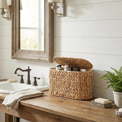 GRANNY SAYS Slim Toilet Paper Holder Baskets for 6 Mega Rolls, Bathroom Toilet Paper Storage Baskets with Lid, Wicker Natural Water Hyacinth Storage Basket with Handles for Bathroom Organizer