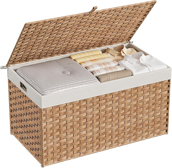 HOOBRO Storage Basket with Lid, 42.3 Gallon (160L) Wicker Basket, Handwoven Blanket Storage Basket with Handles, Metal Frame and Soft Lining, Foldable for Bedroom, Laundry Room, Natural NL216CW01