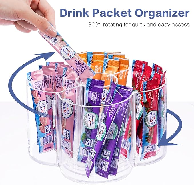 Drink Packet Organizer, 360 Degrees Rotating Acrylic Lazy Susan Organizer for Powdered Drink Mix Powder Packet, Water Flavor Packet Holder for Kitchen Pantry Storage, 5-Section