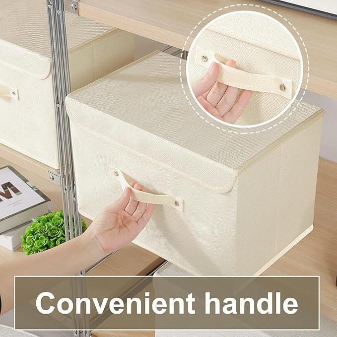 Storage Boxes, Collapsible Storage Bins with Lids, Cotton and linen cloth Storage Baskets with Handle, for Books, Closet, Bedroom, Home, 13x9.1x7.9 in, Beige