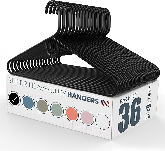 Super Heavy Duty Clothes Hangers 36 Pack – Made in the USA - 10lb Capacity, Thick Plastic Hangers for Pants, Coats, Jackets, Jeans and Adult Clothing – Black