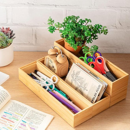 Kigley 8 Pieces Bamboo Drawer Organizer Kitchen Utensils Wooden Utensil Stackable Wooden Storage Box Bamboo Silverware Tray for Drawer(12 x 3 x 2 Inch,Wood)