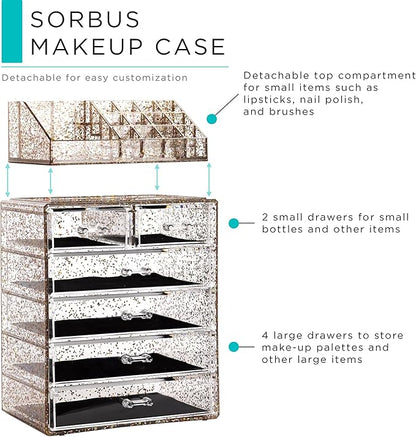 Sorbus Acrylic Makeup Organizer Set, 6-Drawer Vanity & Countertop Cosmetic Storage with Small & Wide Compartments, Glitter Makeup Storage for Brushes, Jewelry – Holiday Gift for Women & Teens