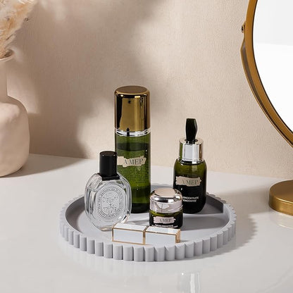Round Bathroom Tray Silicone Kitchen Counter Decor Vanity Organizer Decorative Coffee Table Tray for Perfume, Candle, Soap Dish, 9 Inch, Light Gray