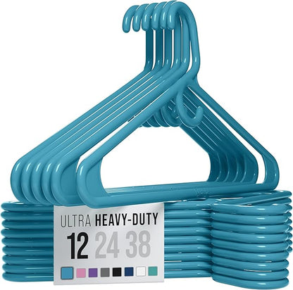 NEATERIZE Thick Heavy Duty Hangers - Blue Plastic Clothes Hangers 12 Pack - Great for Coat Hanger, Jackets Jeans & Suit Hanger for Closet - New Apartment Essentials Percheros Ganchos para Colgar Ropa