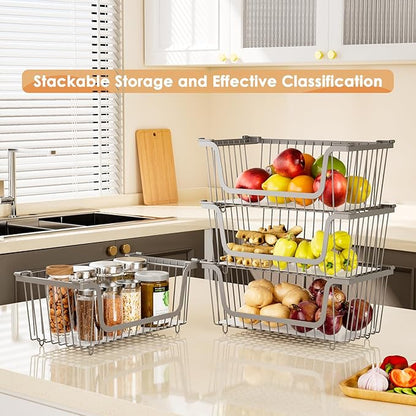 4 Pack Stackable Wire Baskets with Handles for Pantry Organizers and Storage, Fruit and Vegetable wire storage baskets, Potato and Onion Storage Bin, Metal Baskets for Organizing Snacks, Cans (Gray)