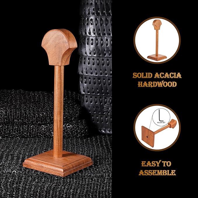 Mythorjan Wooden Helmet Stand Display Décor Stand For Spartan, Templar, Motorcycle, Caps, Hat Decorative Desktop Hanger Rack LARP Helmet Stand, 21 Inch - Natural